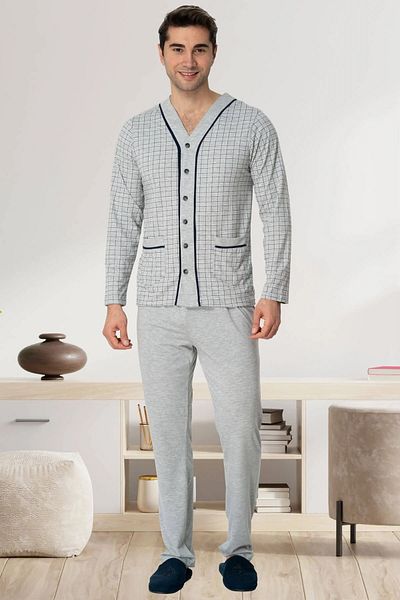 LOHOUSE Men's Gray Front Buttoned Large Size (Oversize) Men's Pajama Set