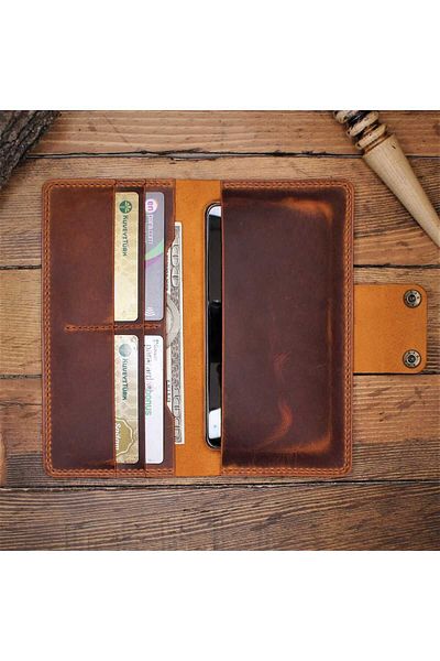 Z ZDK Leather Craft Vertical Long Wallet with Phone Compartment/Phone Compartment - Portfolio-*Color Camel