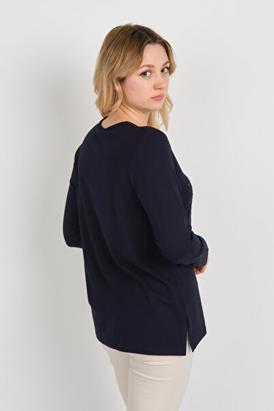 Detay Triko Жіноча блуза з розрізом і камінням, довгі рукави, 5703, темно-синя