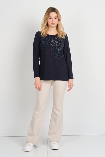 Detay Triko Women Beaded Embroidered Side Slits Crew Neck Mother Blouse 5722 Navy Blue