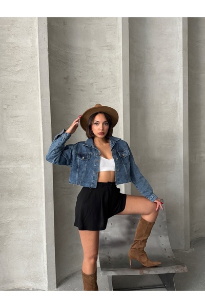 ÇEÇİM KADIN ÇİFT CEPLİ LAZER KESİM CROP DENİM CEKET ZYN-58394