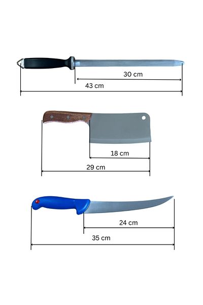 Herum Set complet de 6 cuțite de măcelar, cu satâr și zdrobitor, mânere colorate