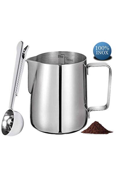 Quasar & Co. Milk frother and measuring spoon set, Quasar&Co., barista mug, stainless steel, 600ml, silver