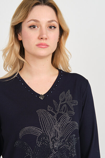 Detay Triko Жіноча блуза з каменями на комірі та бісером, довгі рукави, 5747, темно-синя