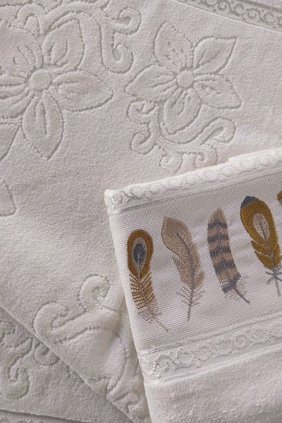Sevim 2 Pack Embroidered Velvet Hand Towels - Jacquard Feather Embroidered Face Towel - 100% Cotton - Cream