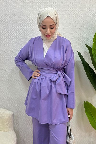 Tesettür Diyarı Women's Summer Fabric Waist Belt Detailed 2-Piece Set - Lilac
