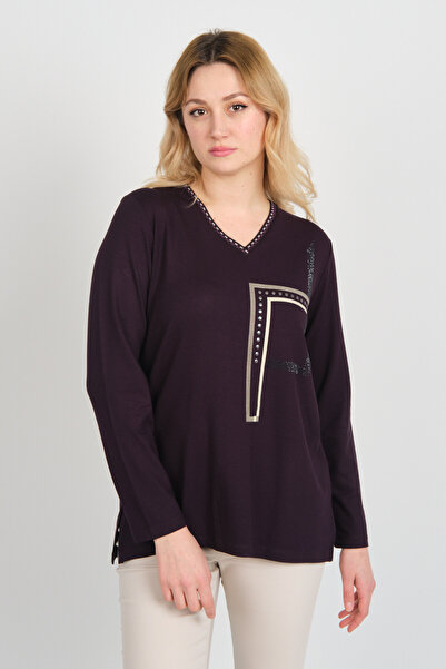 Detay Triko بلوزة نسائية بفتحة جانبية وياقة على شكل حرف V وأكمام طويلة 5726 بلوم