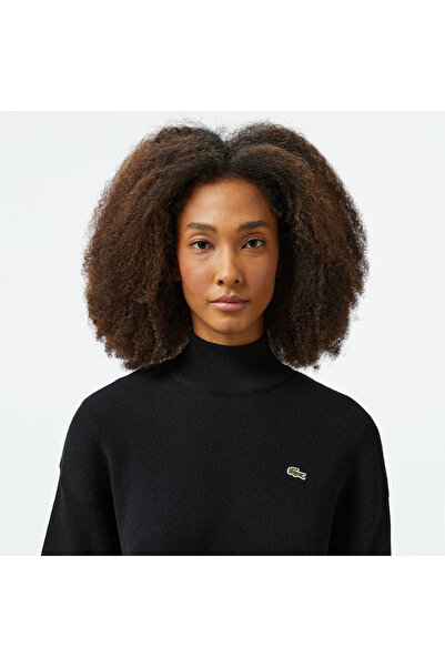 Lacoste Kadın Relaxed Fit Dik Yaka Yün Siyah Triko