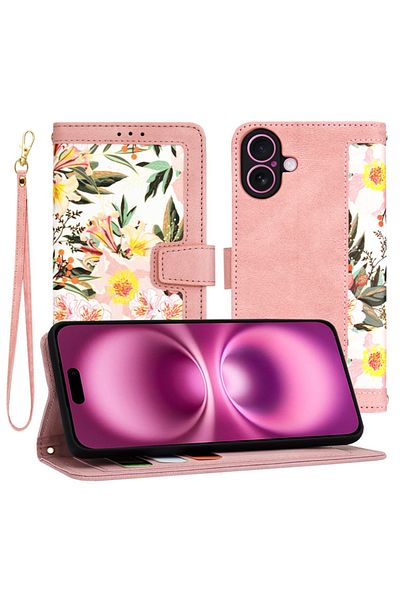 SKYDDAR INNOVATION Husă pentru iPhone 16 Plus, portofel floral, din piele ecologică, protecție 360°, roz, set autocolante