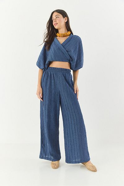 Bianco Lucci Bluză cu mâneci pepene verde cu cravată pentru femei, cu talie elastică, pantaloni largi, costum de sus și de jos 9340 60281051