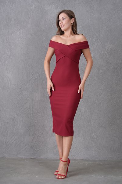 bayansepeti Women's Shoulder Open Design Midi Stylish Burgundy Dress 13650