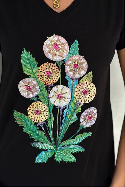 FEMELLE Tricou de damă, negru, cu decolteu în V, cu paiete florale și broderie, 100% bumbac