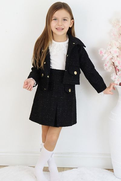 Parla Kids Girl's Carmen Black Tweed Long Sleeve Buttoned April 23 Skirt Jacket Set