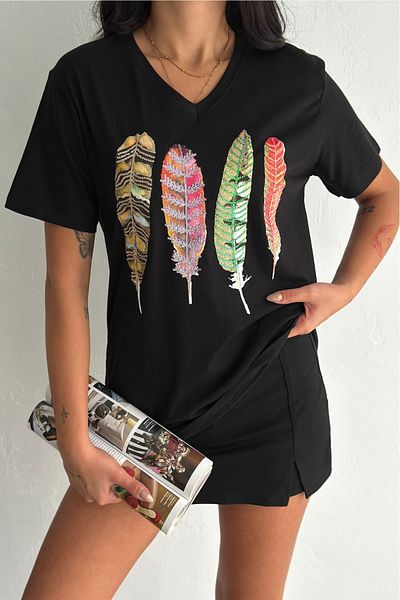 FEMELLE Tricou negru pentru femei, cu decolteu în V, cu model de pene, cu paiete brodate, 100% bumbac