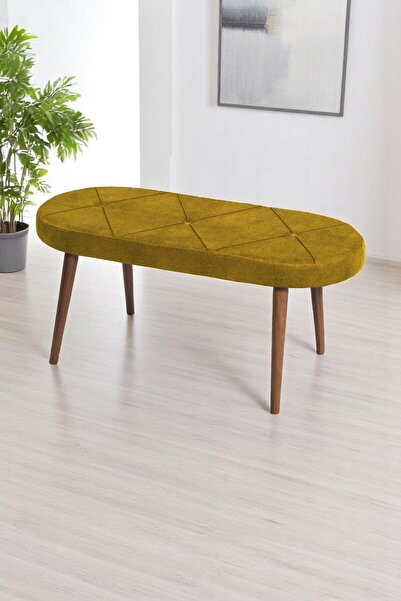 MYMASSA Bench - Jerika Sarı Kumaş - Ahşap Ceviz Ayak - Mutfak Benchi - Puf - Oturak