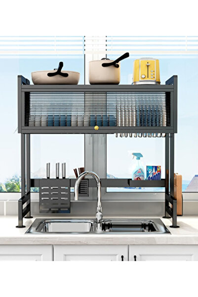 MACON رف تجفيف الأطباق فوق الحوض مع أرفف زجاجية علوية - منظم لتخزين أوعية وأدوات المطبخ