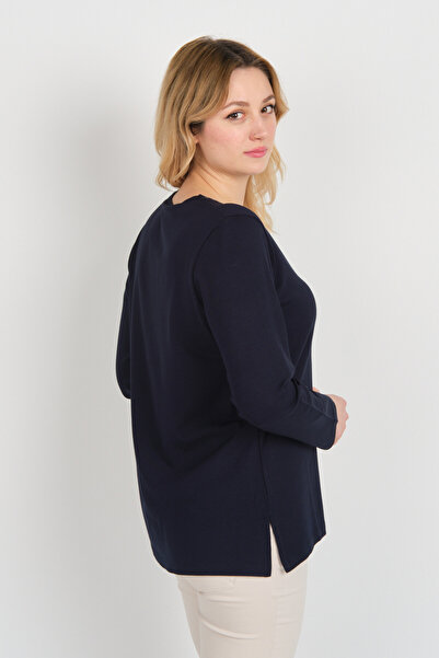 Detay Triko Жіноча блуза з довгими рукавами, прикрашена бісерною вишивкою та декоративними ґудзиками, 5752, темно-синя