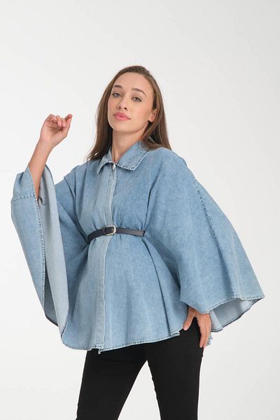 Işşıl Işşil 4937-Maternity Denim Belted Cape-Poncho