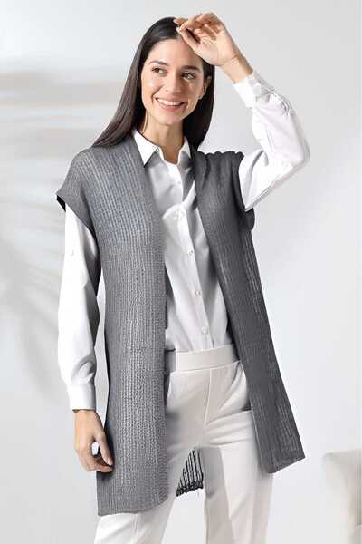 LEBUAS Gri - Kadın Yazlık Fileli Uzun Yelek