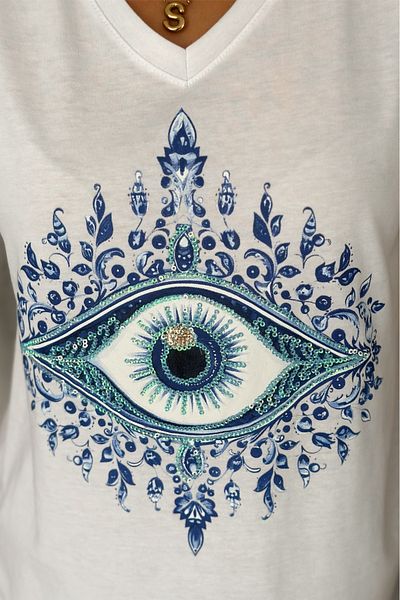 FEMELLE Tricou alb pentru femei, cu decolteu în V, cu paiete și broderie, 100% bumbac