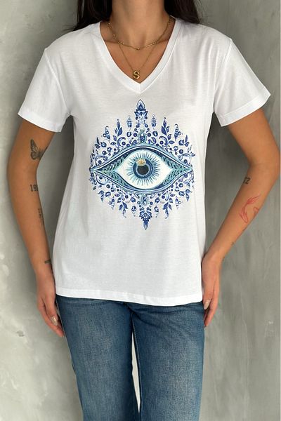 FEMELLE Tricou alb pentru femei, cu decolteu în V, cu paiete și broderie, 100% bumbac