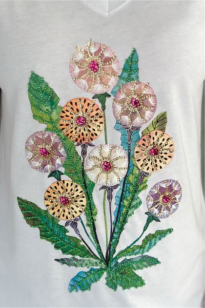 FEMELLE Tricou alb pentru femei, cu decolteu în V, cu paiete florale și broderie, 100% bumbac