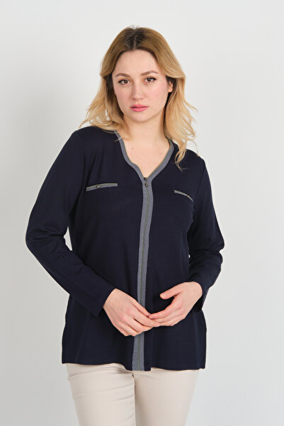 Detay Triko Жіноча прикраса з кишенями, детальна блуза з довгими рукавами 5717 Синя