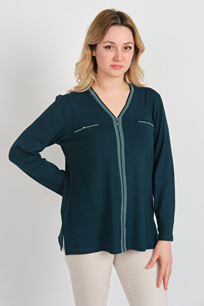 Detay Triko بلوزة نسائية بأكمام طويلة وجيب مزخرف بإبزيم 5717 زمرد