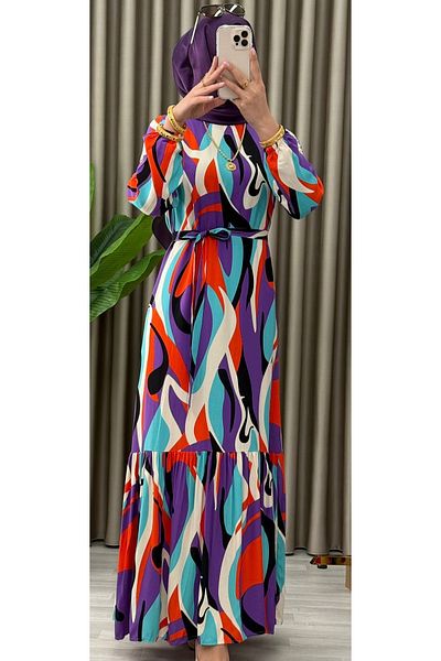 Dagü Design Women's Hijab Ruffled Long Patterned Viscose Dress