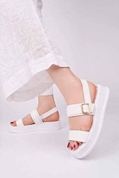 meyra'nın ayakkabıları Women's White Skin Adjustable Single Buckle Back Elastic Comfort Sandals