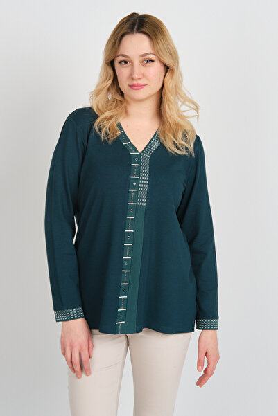 Detay Triko بلوزة نسائية بأكمام طويلة ورقبة على شكل حرف V من القماش الفضي وتف...