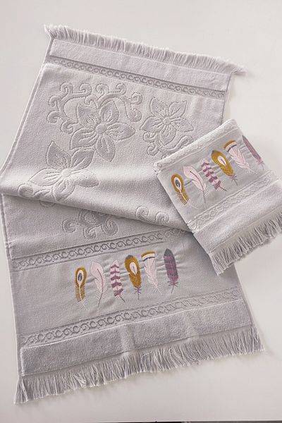 Sevim 2-Piece Embroidered Velvet Hand Towel - Jacquard Towel Set - 100% Cotton - Gray
