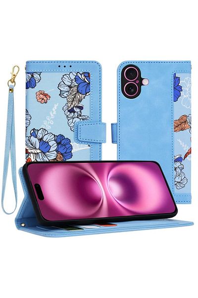 SKYDDAR INNOVATION Husă pentru iPhone 16 Plus, portofel floral, din piele ecologică, protecție 360°, albastră, set autocolante