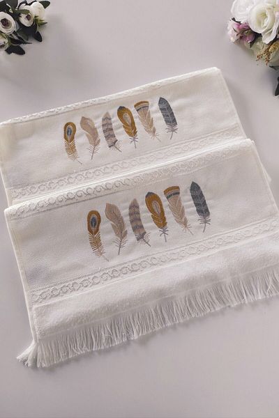 Sevim 2 Pack Embroidered Velvet Hand Towels - Jacquard Feather Embroidered Face Towel - 100% Cotton - Cream