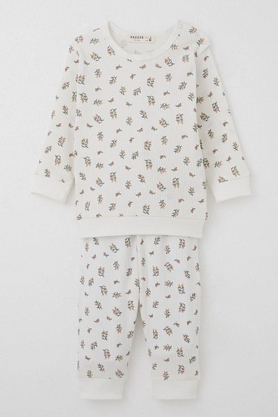 Breeze Baby Girl Pajama Set with Patch on Shoulder, Floral Patterned, 4 Months-1 Year Old, Ecru