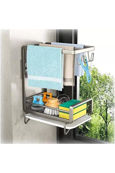 Quasar & Co. Dish Sponge Holder/Detergent Dispenser, With Tray, 13x21.5x26 Cm, Aluminum/Plastic, Gray