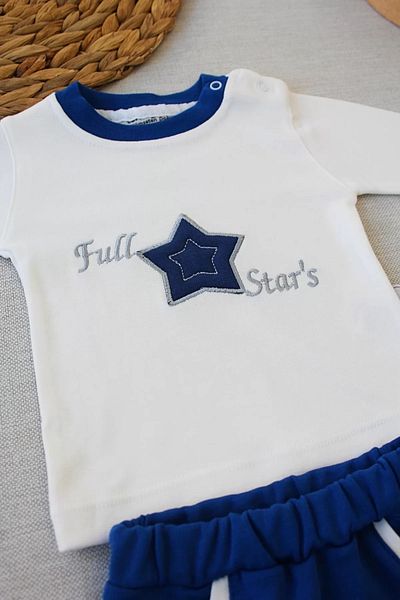 Mu Art Ahşap 3-6 6-9 9-12 Months Full Star Embroidered Hat Long Sleeve Sweat 3 Piece Baby Boy Set Indigo