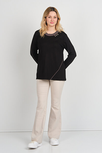 Detay Triko Women's Collar and Single Sleeve Patterned Mother Blouse with Stone Metal Accessories 5714 Black