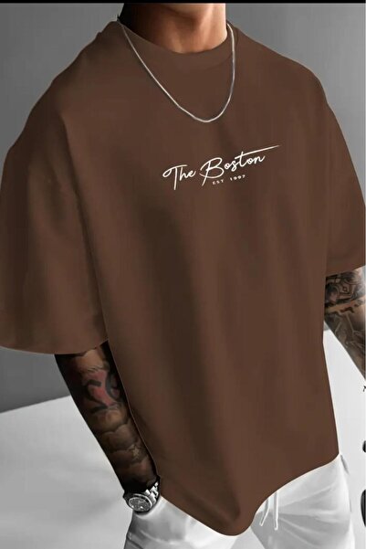 NO 601 Erkek Kahverengi The Boston Baskılı Oversize Tshirt
