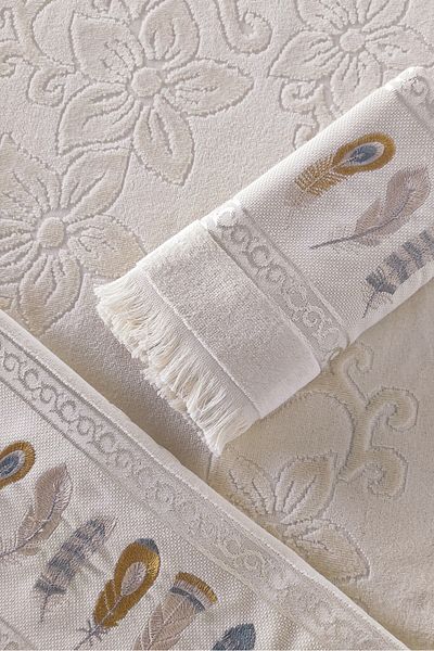 Sevim Set of 2 Embroidered Velvet Hand Towels - Jacquard Feather Embroidered Towel Set - Cappuccino