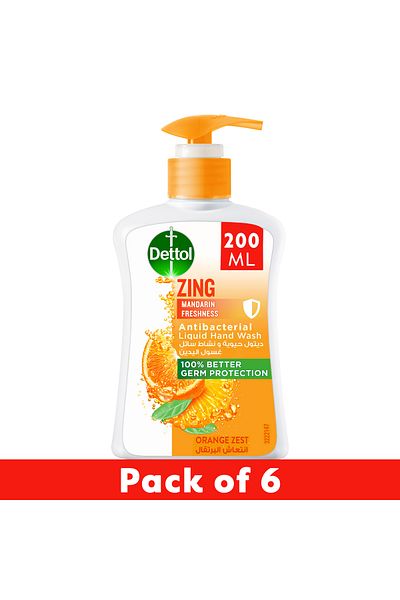 Dettol Zing Mandarin Freshness Liquid Handwash, Orange Zest Scent, 200ml X 6