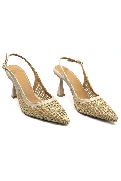 KCMN Feles Straw Detailed Open Back Stiletto Women's Heeled Shoes Nut