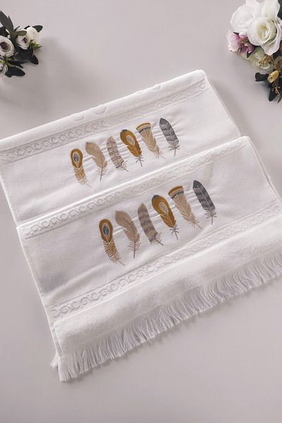 Sevim Prosop de mână din 2 bucăți cu broderie cu pene - Prosop de față din catifea jacquard - 100% bumbac - alb