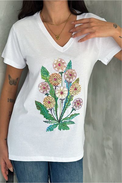 FEMELLE Tricou alb pentru femei, cu decolteu în V, cu paiete florale și broderie, 100% bumbac