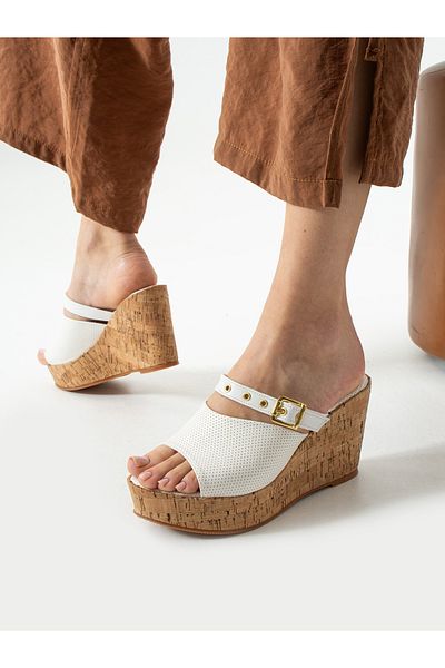 ALEMDAR AYAKKABI Liona White Wedge Heeled Women's Slippers