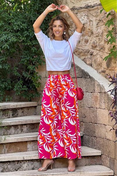 Nevin Kaya Moda Italian Pink Leaf Patterned 100% Cotton Viscose Trousers