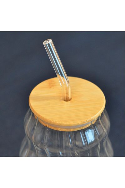 Paçi Bamboo Lid Striped Glass with Straw - Light Brown / Transparent - 450 ml