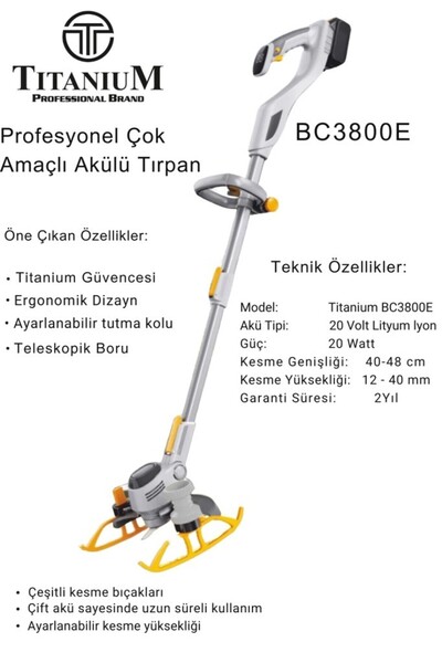 Titanium Professional Brand Titanium BC3800E Profesyonel Çok Amaçlı Akülü Tırpan