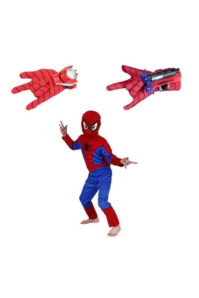 KidMania Set costum Spiderman si doua lansatoare cu discuri si ventuze pentru copii 5-7 ani 110-120 cm