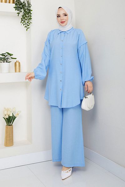 Tesettür Dünyası Buttoned Double Suit with Elastic Ankle Tsd250165 Baby Blue